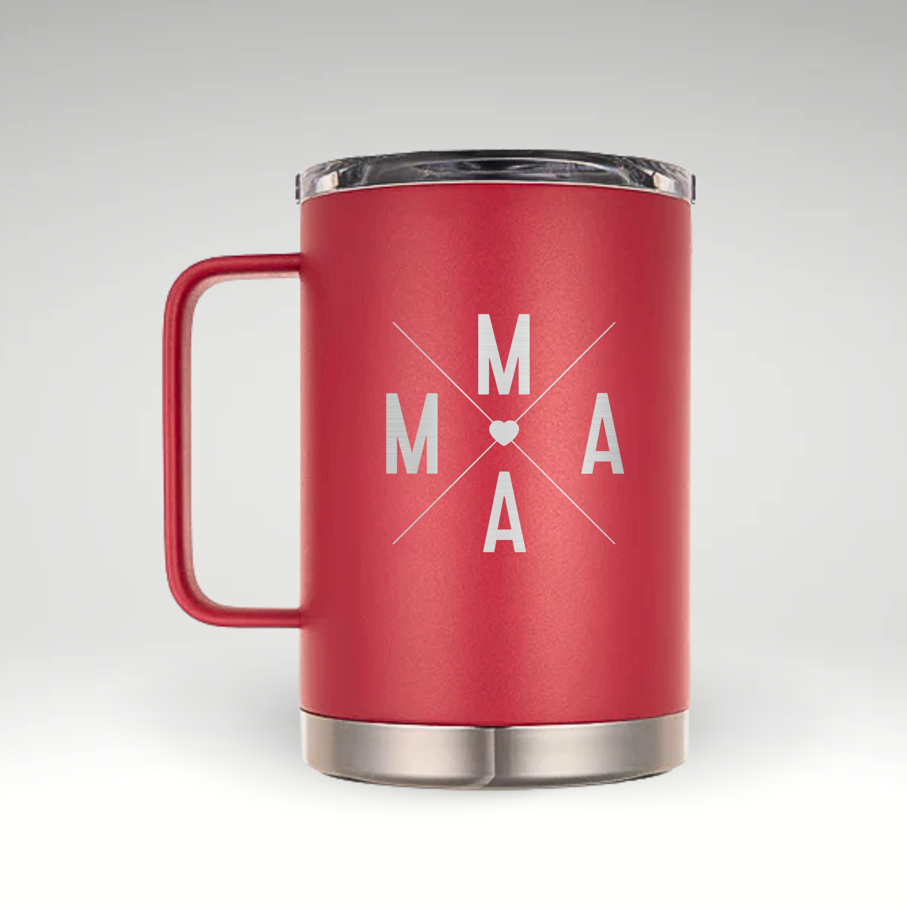 Modern Love for Mama Red insulated mug with bold 'M' and 'A' letters intersected by a heart, designed for moms.