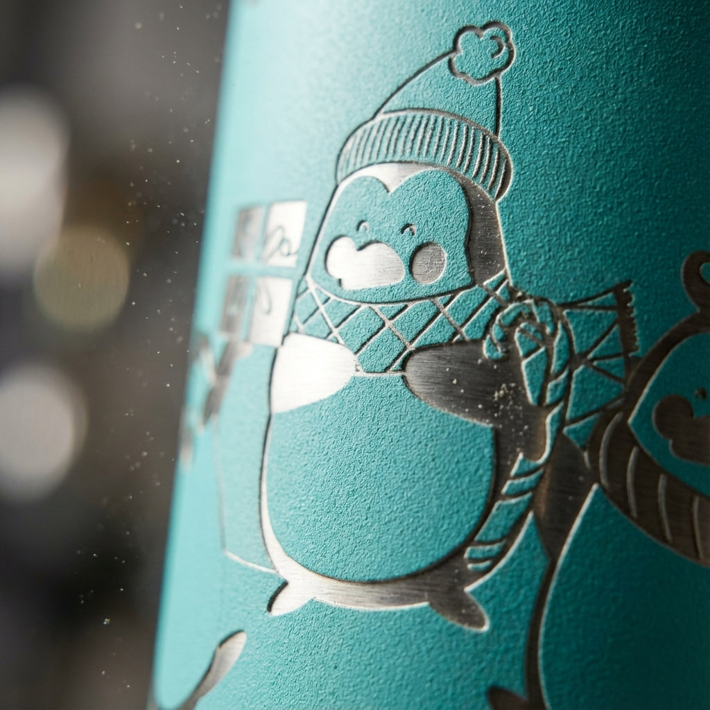 Detail shot - Teal 16oz insulated travel cup featuring engraved Merry Christmas text and three celebrating penguins in a snowy pine tree scene