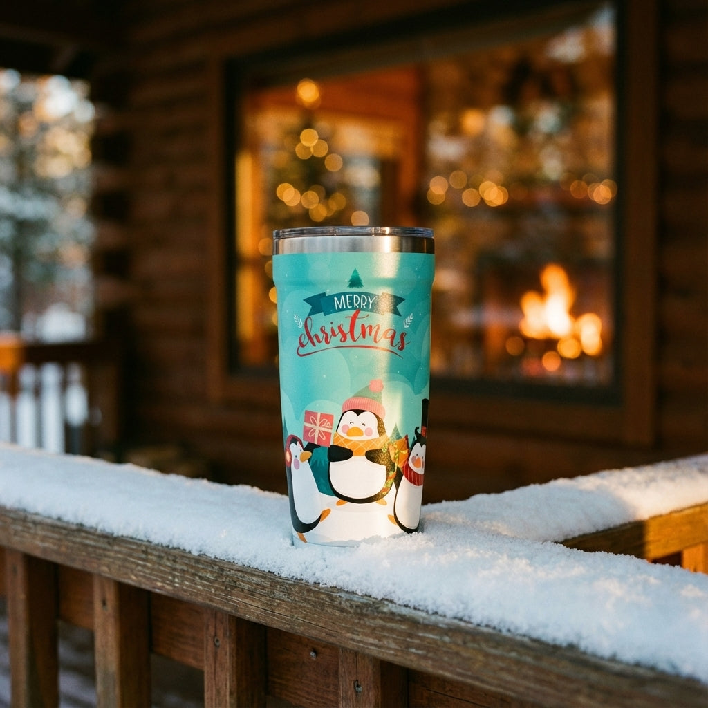 Lifestyle shot - Teal 16oz insulated travel cup featuring engraved Merry Christmas text and three celebrating penguins in a snowy pine tree scene