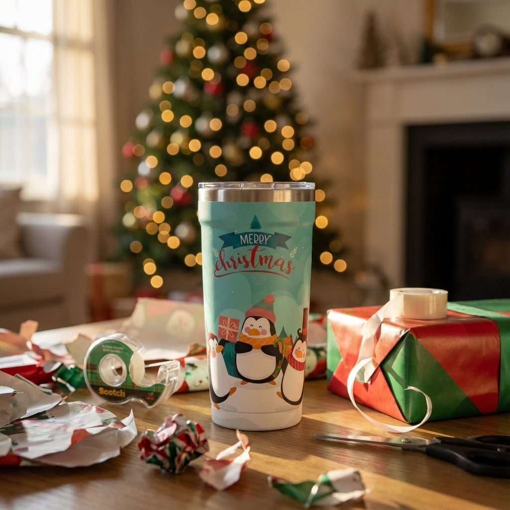 In-Use shot - Teal 16oz insulated travel cup featuring engraved Merry Christmas text and three celebrating penguins in a snowy pine tree scene