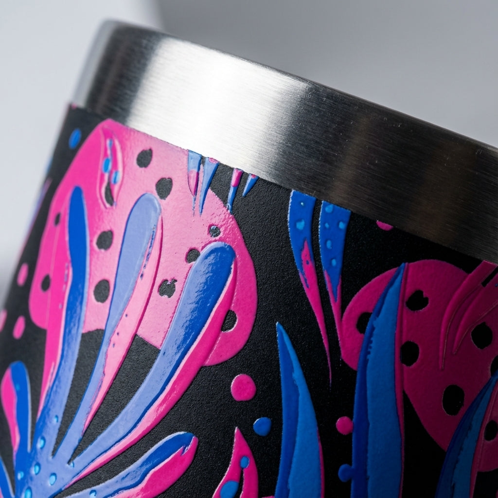 Detail shot - LAMOSE Bow 16 oz insulated tumbler featuring a vibrant abstract floral pattern on a black background with a black straw.