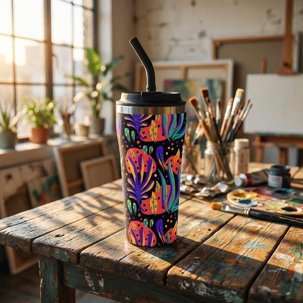 Lifestyle shot - LAMOSE Bow 16 oz insulated tumbler featuring a vibrant abstract floral pattern on a black background with a black straw.