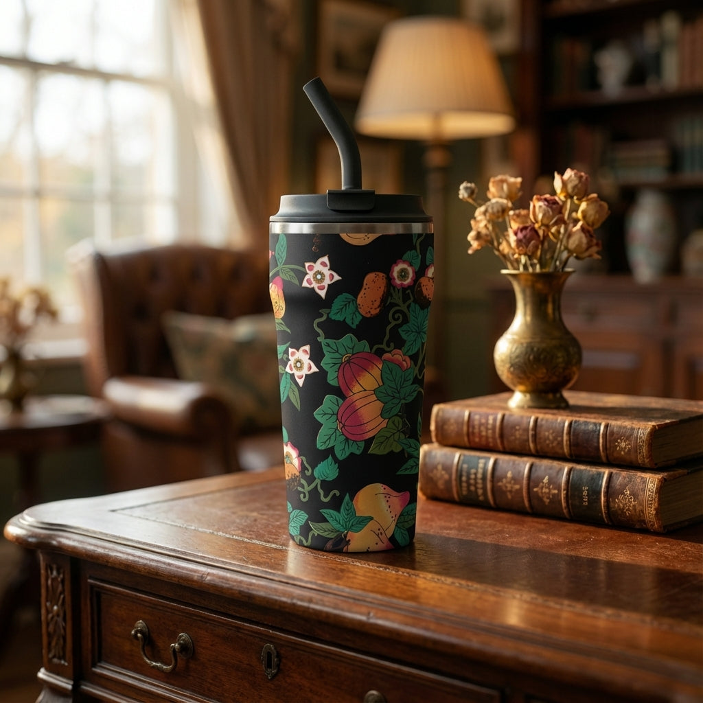 Lifestyle shot - LAMOSE Bow 16 oz insulated tumbler featuring a dark botanical pattern with peaches, persimmons, and white flowers on a black soft-touch background.
