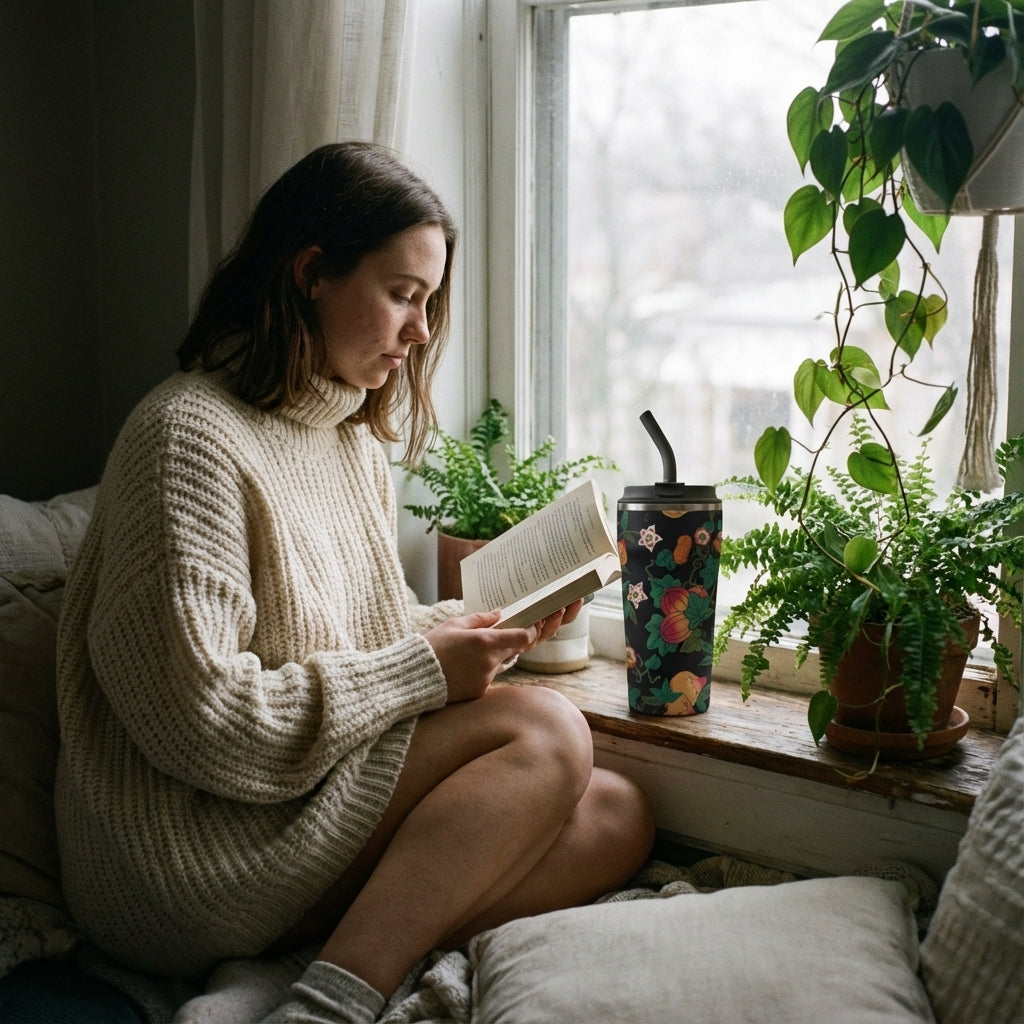 In-Use shot - LAMOSE Bow 16 oz insulated tumbler featuring a dark botanical pattern with peaches, persimmons, and white flowers on a black soft-touch background.