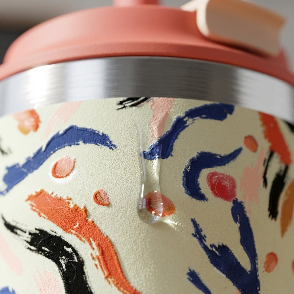 Detail shot - LAMOSE Bow 16oz tumbler featuring abstract blue, orange, and pink brushstrokes on beige with a coral lid and straw.