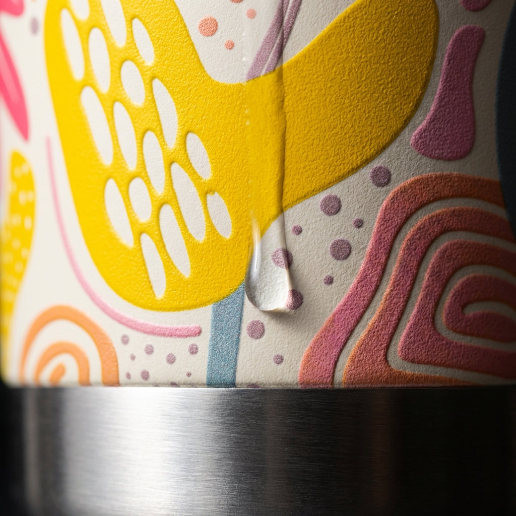 Detail shot - LAMOSE Bow 16 oz tumbler with abstract floral pattern, coral lid and red straw sitting among indoor plants