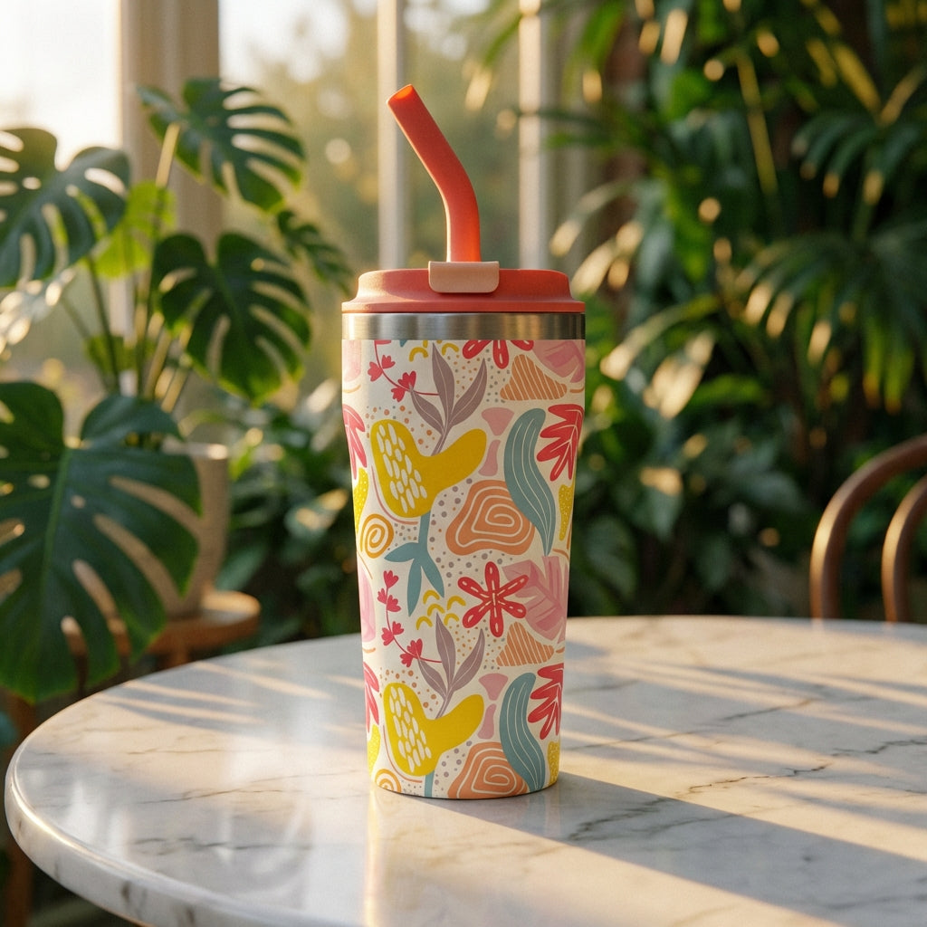 Lifestyle shot - LAMOSE Bow 16 oz tumbler with abstract floral pattern, coral lid and red straw sitting among indoor plants
