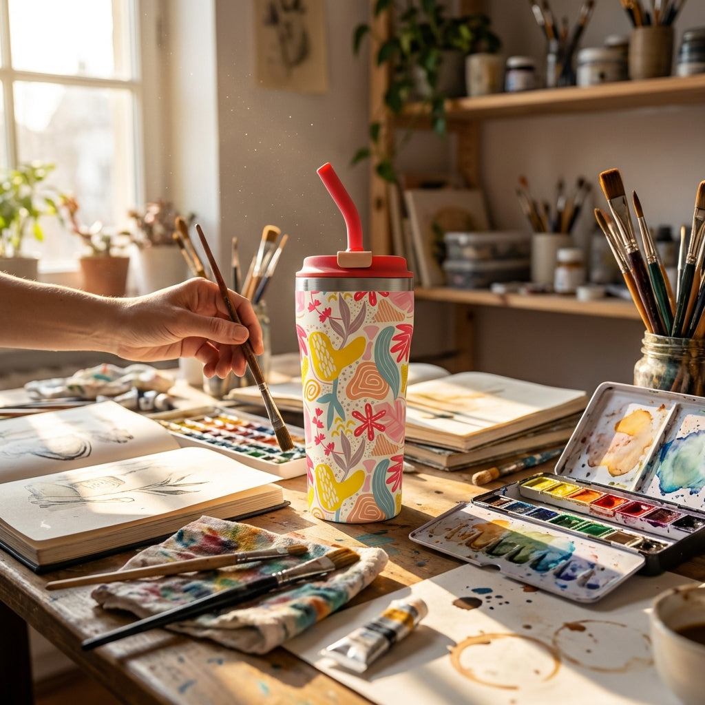 In-Use shot - LAMOSE Bow 16 oz tumbler with abstract floral pattern, coral lid and red straw sitting among indoor plants
