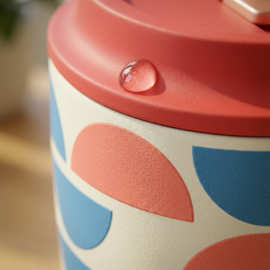 Detail shot - LAMOSE Bow 16 oz tumbler with red lid and straw featuring colorful geometric semi-circle arches in salmon, yellow, and blue on a cream background.