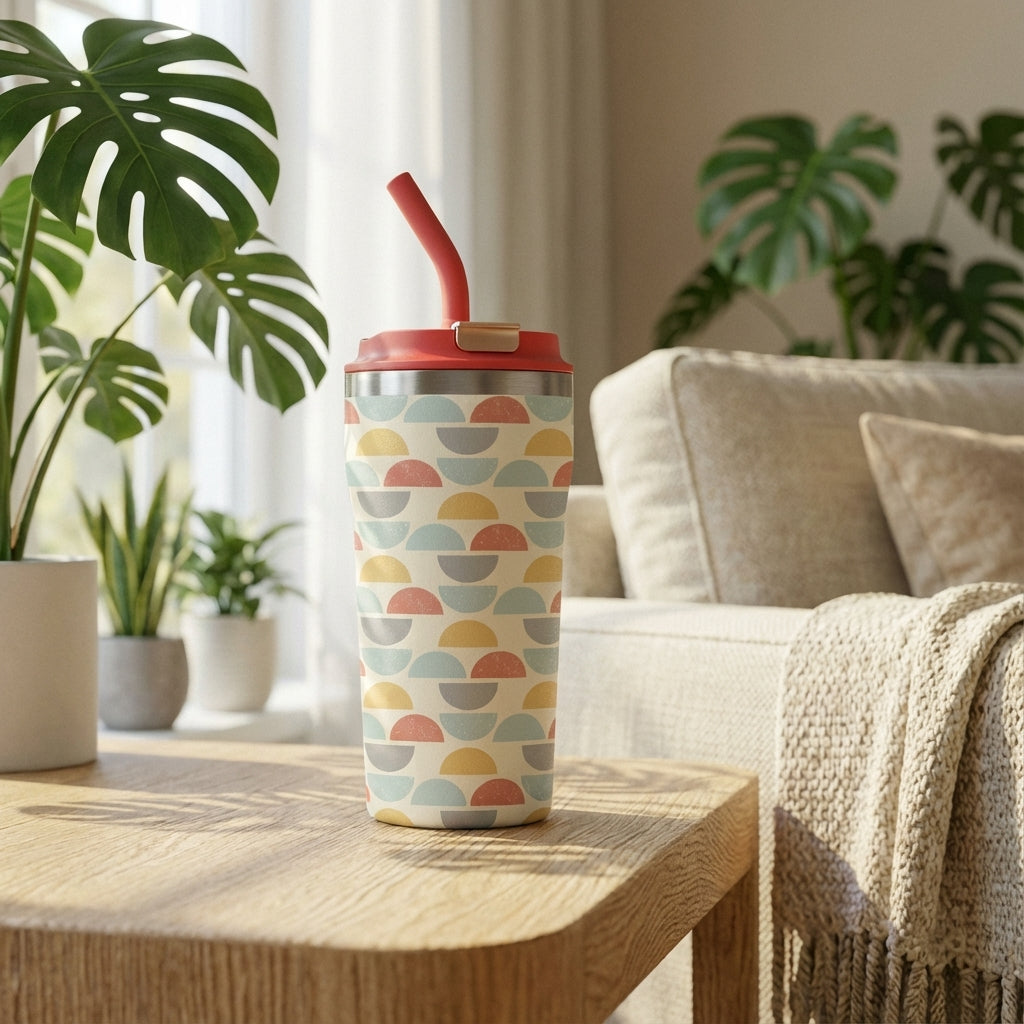 Lifestyle shot - LAMOSE Bow 16 oz tumbler with red lid and straw featuring colorful geometric semi-circle arches in salmon, yellow, and blue on a cream background.