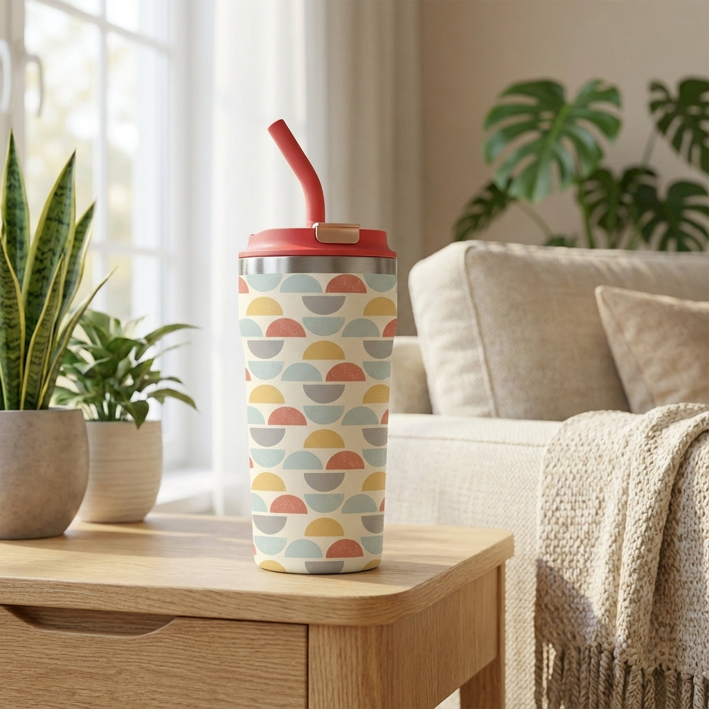 LAMOSE Bow 16 oz tumbler with red lid and straw featuring colorful geometric semi-circle arches in salmon, yellow, and blue on a cream background.