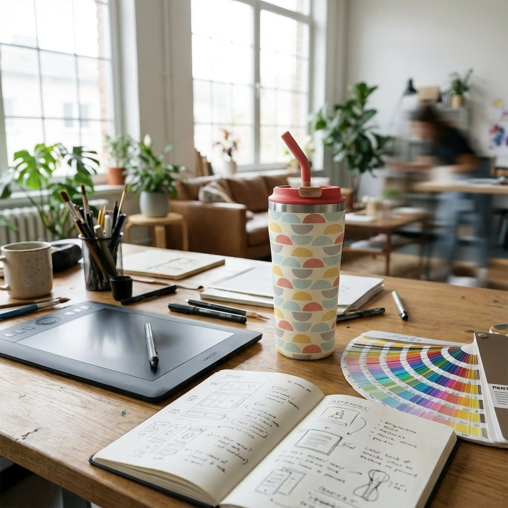 In-Use shot - LAMOSE Bow 16 oz tumbler with red lid and straw featuring colorful geometric semi-circle arches in salmon, yellow, and blue on a cream background.