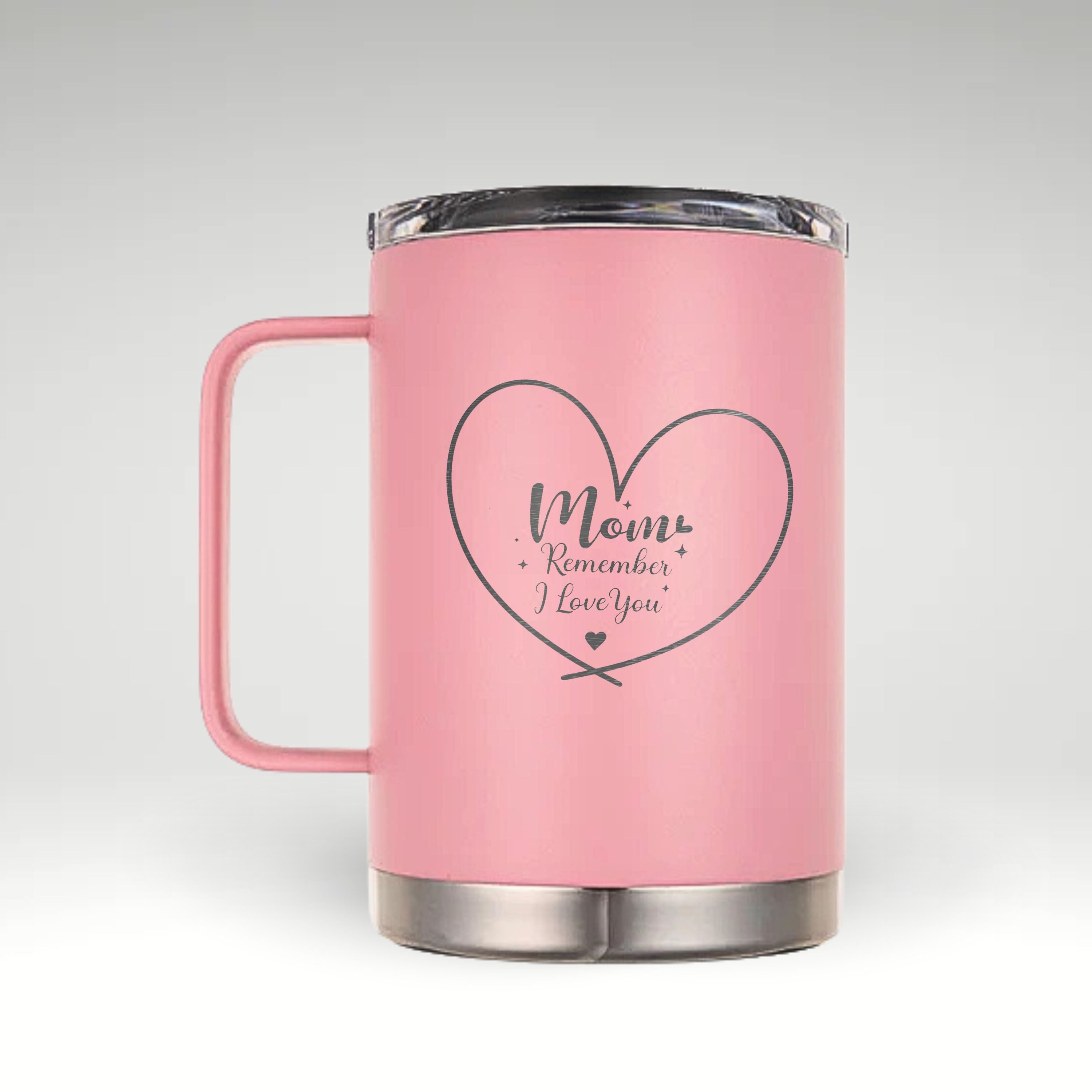 Heartwarming Insulated Mug for Mom Insulated heart mug with 'Mom Remember I Love You' inscription and decorative stars for Mother's Day gift.