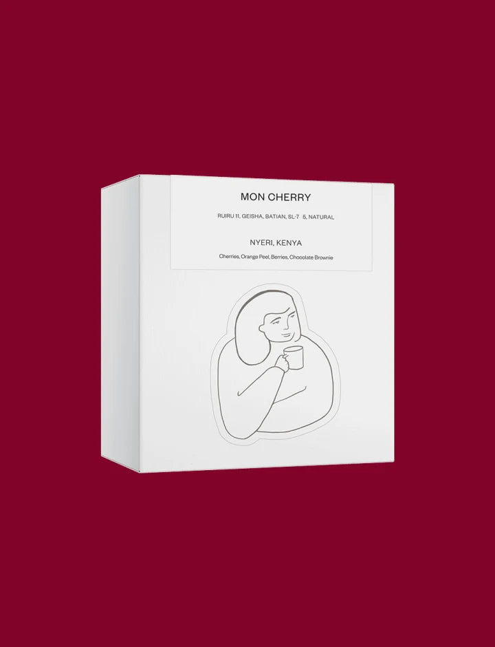 Dak Coffee Roasters Mon Cherry Blend - Kenyan Natural Coffee - Cherry, Orange Peel, Berries, Chocolate Brownie Tasting Notes - SL28, SL34, Batian, Ruiru 11 Varietals - Altitude 1800m - Eco-Friendly Packaging - Pearless Estate - SL Varieties - Raised Bed Drying -