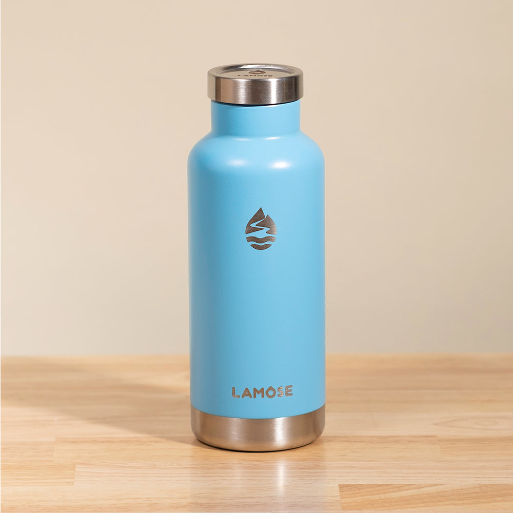 LAMOSE Moraine insulated bottle in sky blue, front view. Features matte stainless steel, silver cap, water drop icon, and LAMOSE logo.