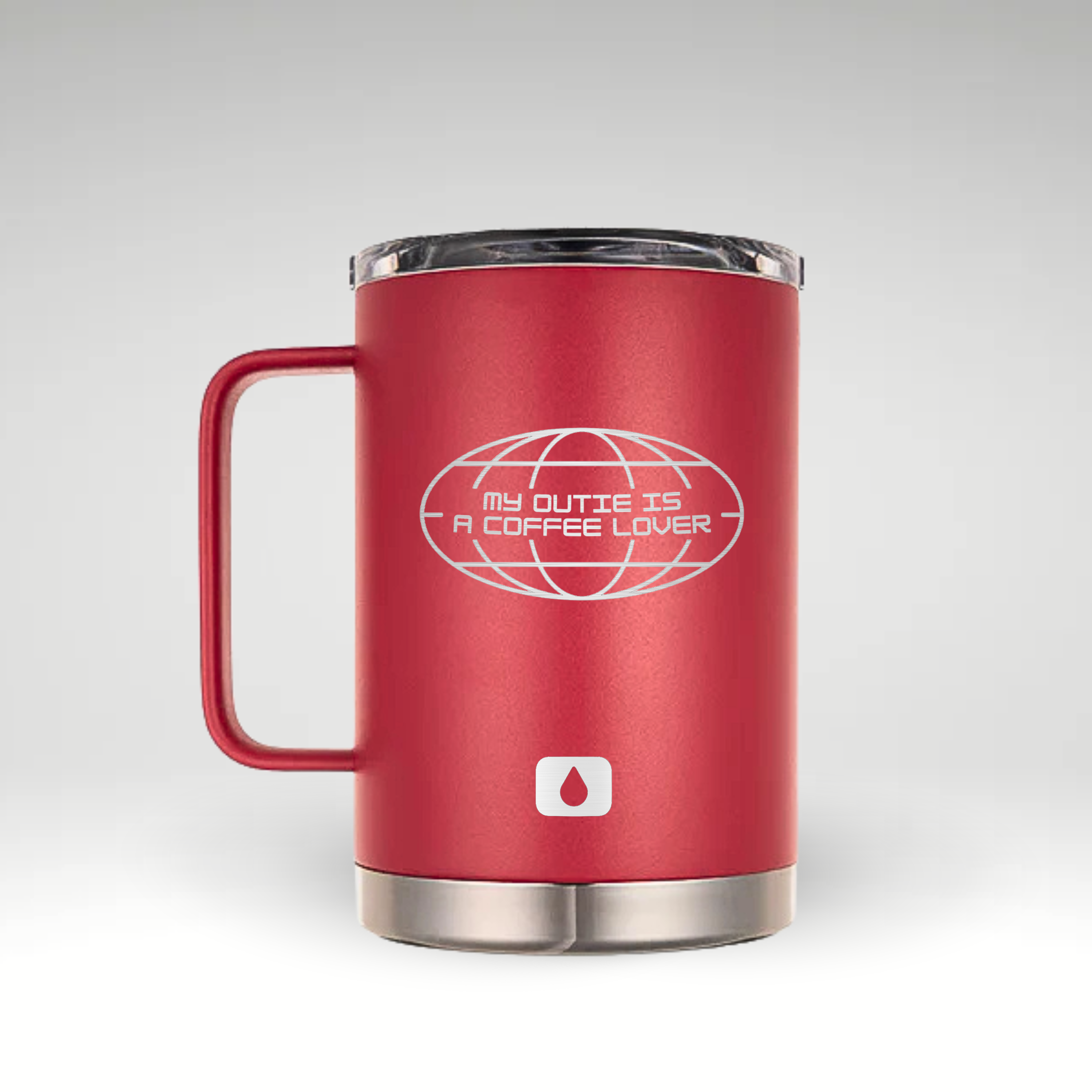 Red insulated coffee mug with a modern globe design and the engraved phrase 'My Outie Is a Coffee Lover.' Features a sturdy handle, a secure clear lid, and a stainless steel base.