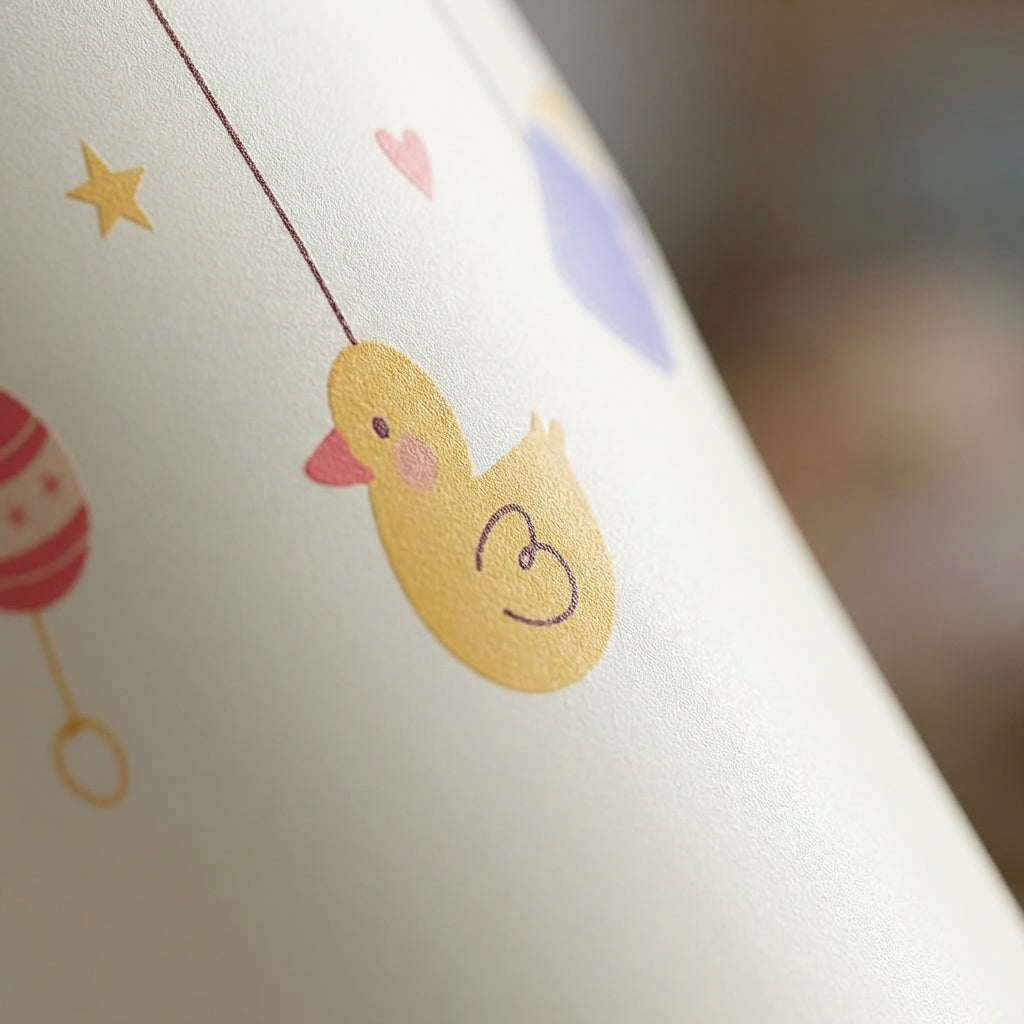 Detail shot - White LAMOSE Bow 16 oz tumbler with red straw featuring baby mobile pattern with ducks and pacifiers