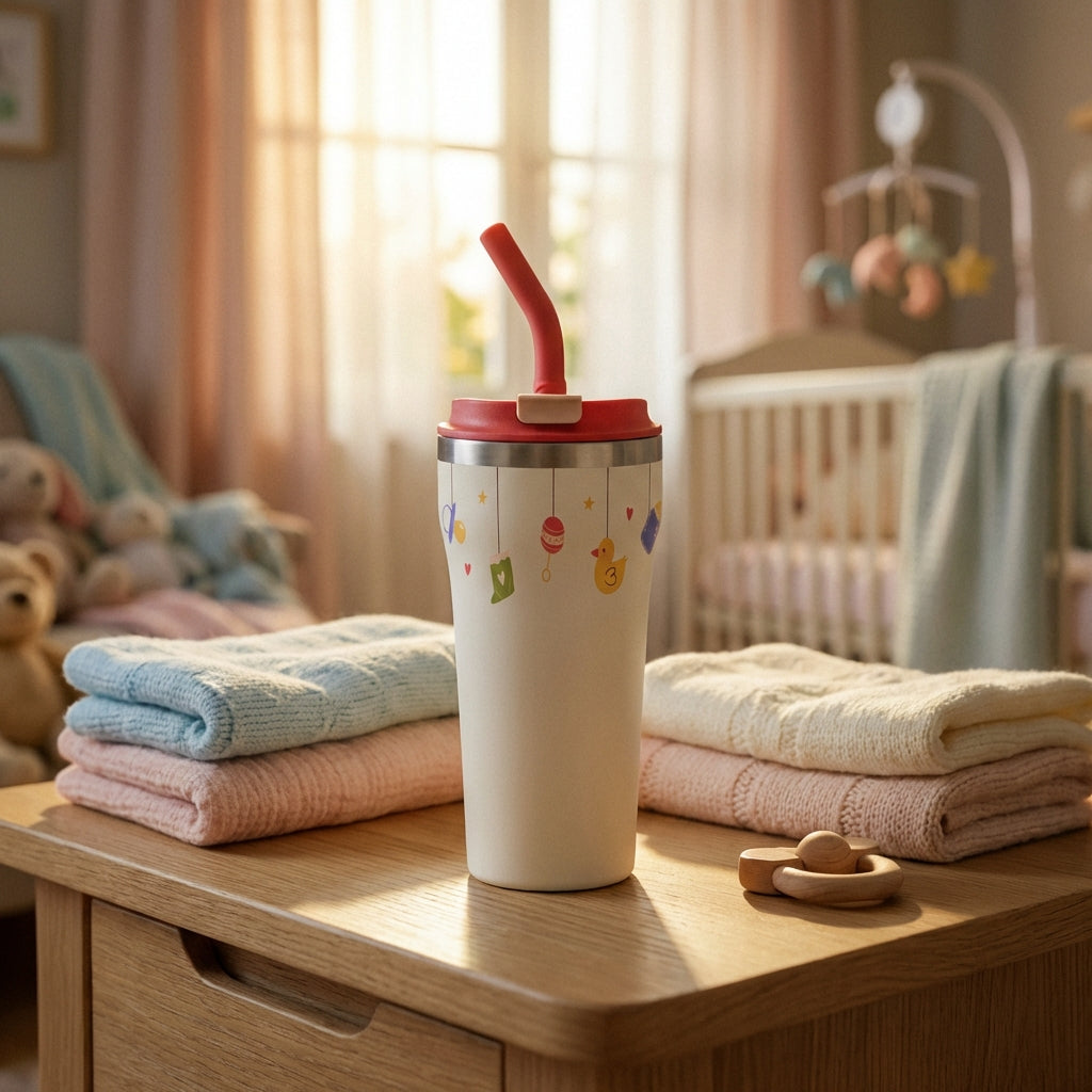 Lifestyle shot - White LAMOSE Bow 16 oz tumbler with red straw featuring baby mobile pattern with ducks and pacifiers