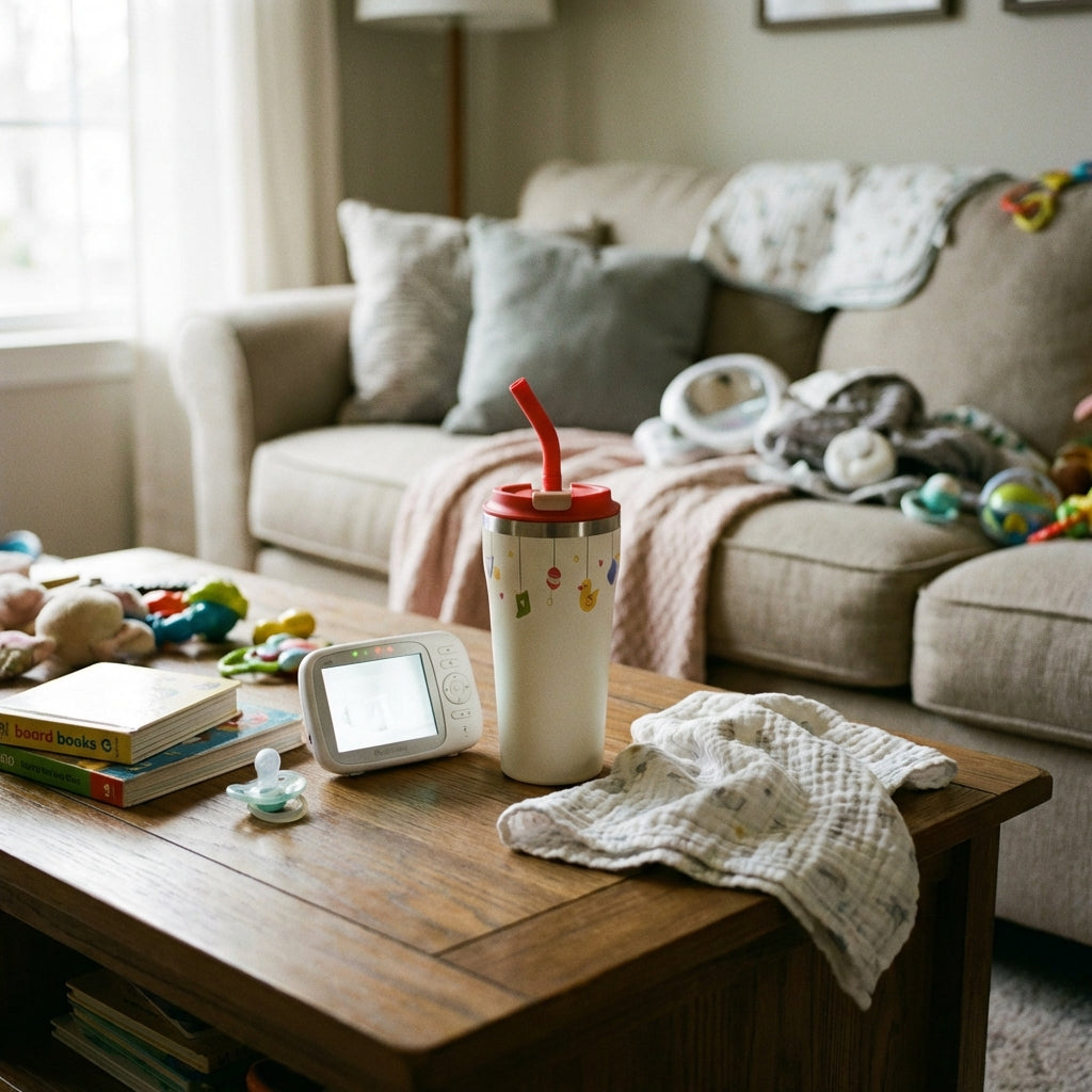 In-Use shot - White LAMOSE Bow 16 oz tumbler with red straw featuring baby mobile pattern with ducks and pacifiers