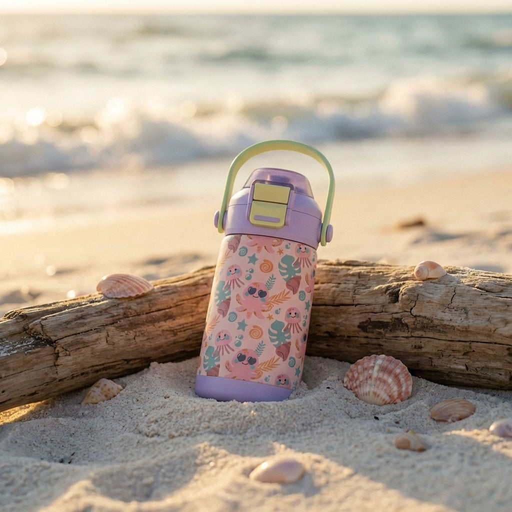Lifestyle shot - Peach colored 14oz kids water bottle featuring smiling octopuses, jellyfish, and seashells sitting on a sandy beach background.