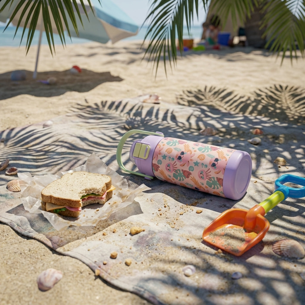 In-Use shot - Peach colored 14oz kids water bottle featuring smiling octopuses, jellyfish, and seashells sitting on a sandy beach background.