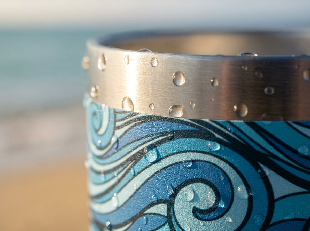 Detail shot - Close-up of Cascade 40 oz tumbler with blue ocean wave pattern and water droplets on a sandy beach.