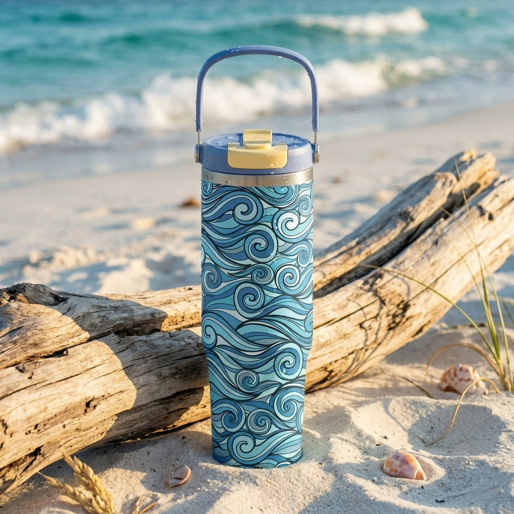 Lifestyle shot - Close-up of Cascade 40 oz tumbler with blue ocean wave pattern and water droplets on a sandy beach.