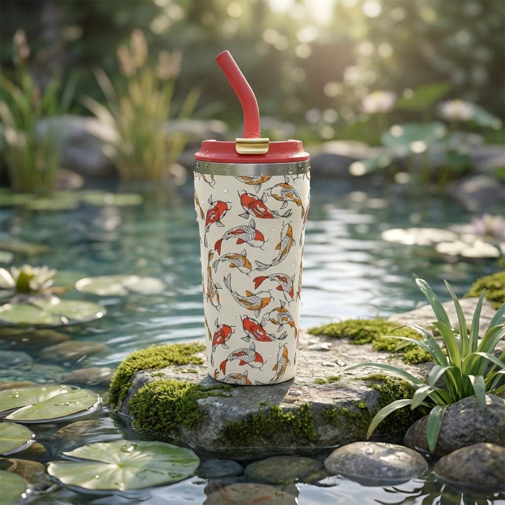 Cream colored stainless steel tumbler with red and orange koi fish pattern sitting on a mossy rock in a sunlit pond