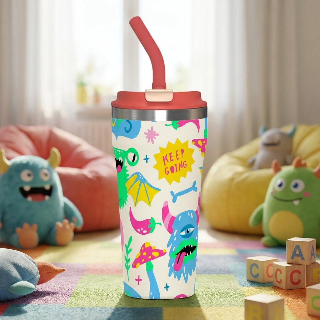 White 16oz insulated tumbler with coral lid and straw, featuring colorful cartoon monsters, pink mushrooms, and Keep Going text, sitting on a playroom rug.