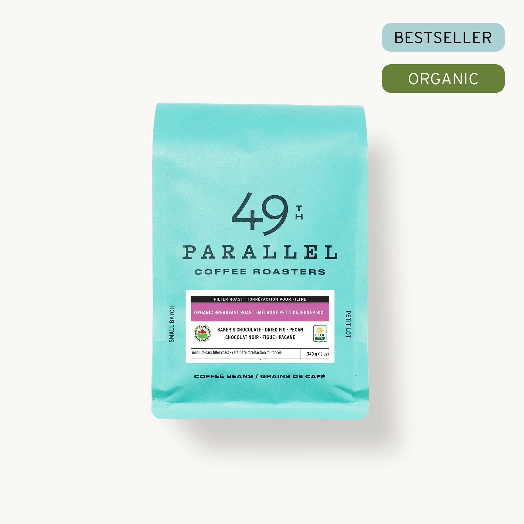 Organic Breakfast Roast by 49th Parallel Coffee Roasters. A medium-dark filter roast with flavors of baker's chocolate, dried fig, and pecan. Crafted from rotating seasonal coffees for a rich and satisfying morning cup.