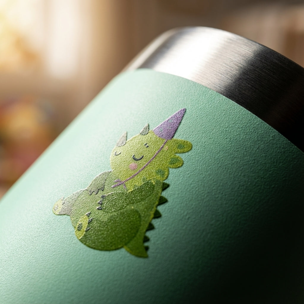 Detail shot - Light blue 16 oz tumbler featuring green dinosaurs in party hats, pink flowers, and a peach-colored lid with a blue straw.