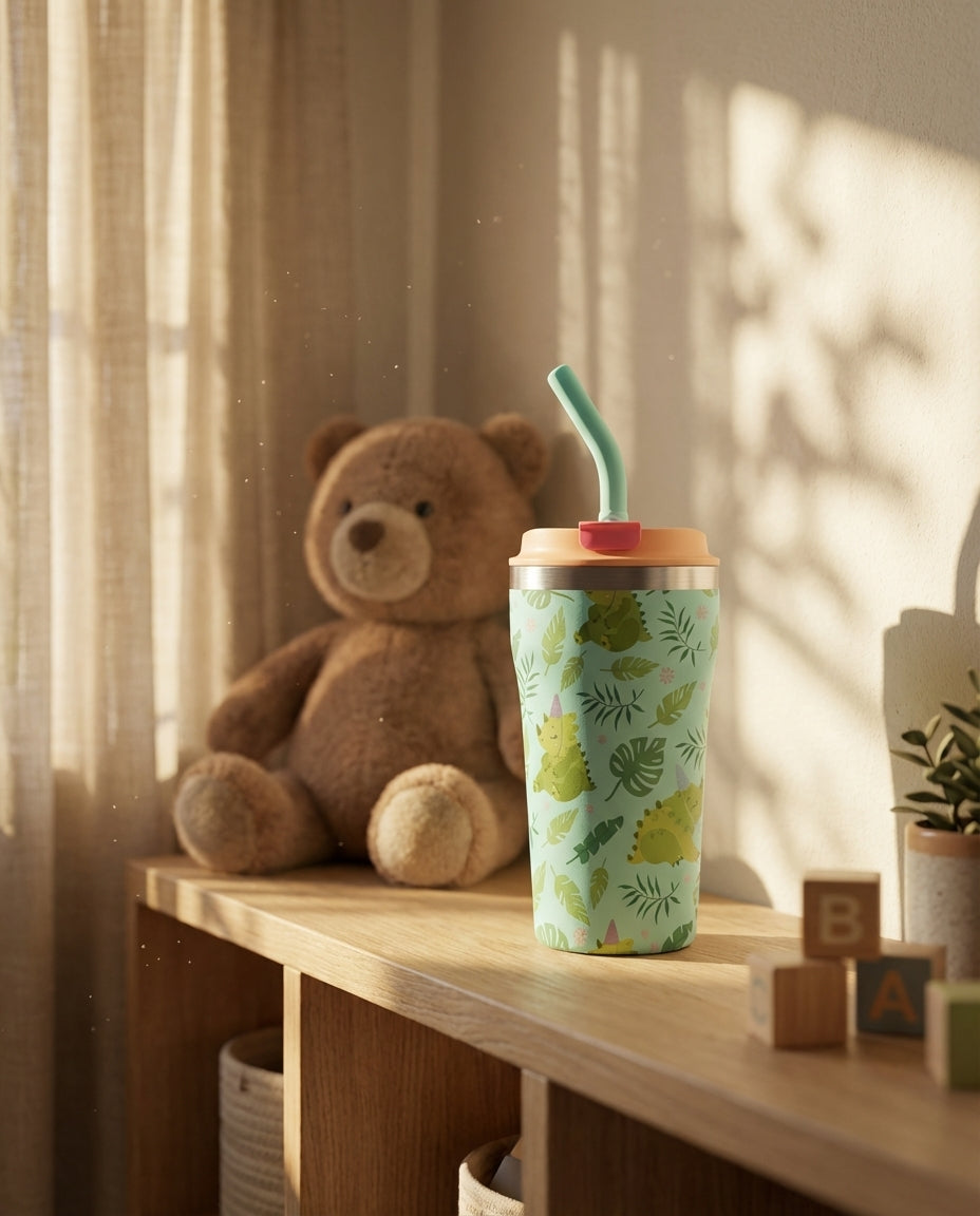 Lifestyle shot - Light blue 16 oz tumbler featuring green dinosaurs in party hats, pink flowers, and a peach-colored lid with a blue straw.