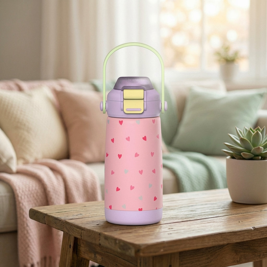 Lifestyle shot - Pink Goose 14 oz kids water bottle featuring red and blue hearts pattern, lavender lid, and green handle sitting on a living room table.