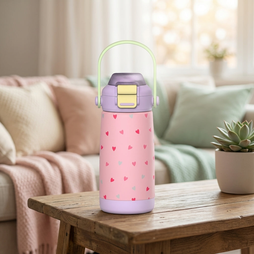 Pink Goose 14 oz kids water bottle featuring red and blue hearts pattern, lavender lid, and green handle sitting on a living room table.