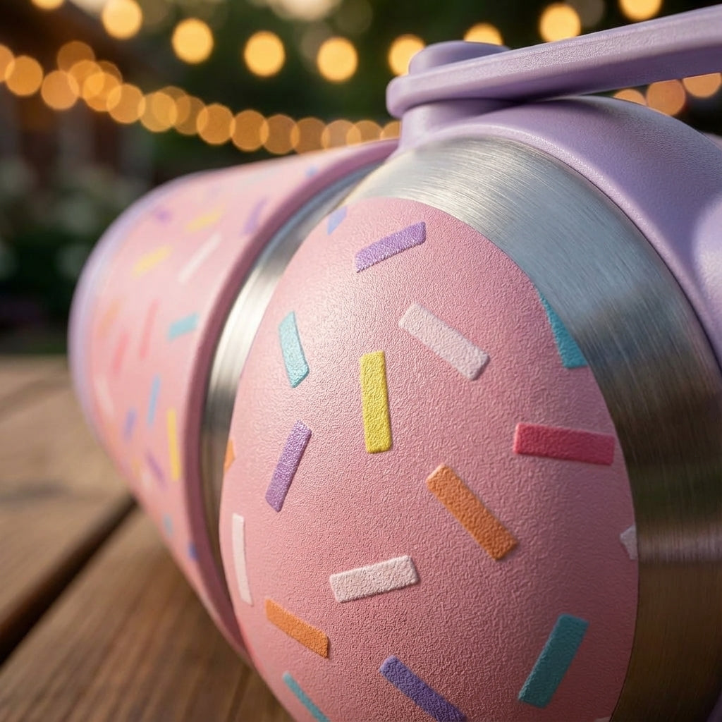 Detail shot - Pink LAMOSE Goose 14oz kids water bottle with colorful pastel sprinkles pattern standing on a wooden picnic table with blurred party lights in background.