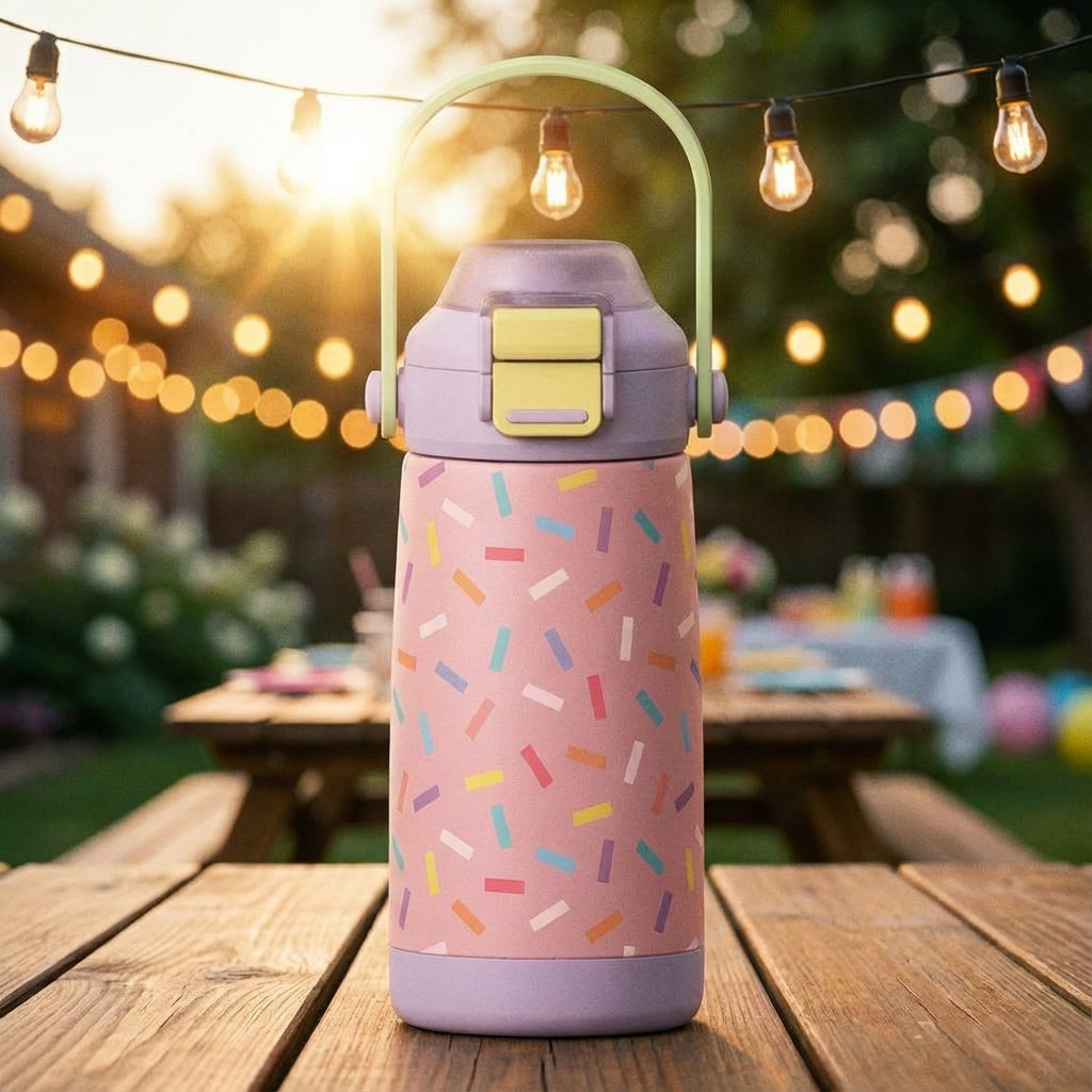 Lifestyle shot - Pink LAMOSE Goose 14oz kids water bottle with colorful pastel sprinkles pattern standing on a wooden picnic table with blurred party lights in background.