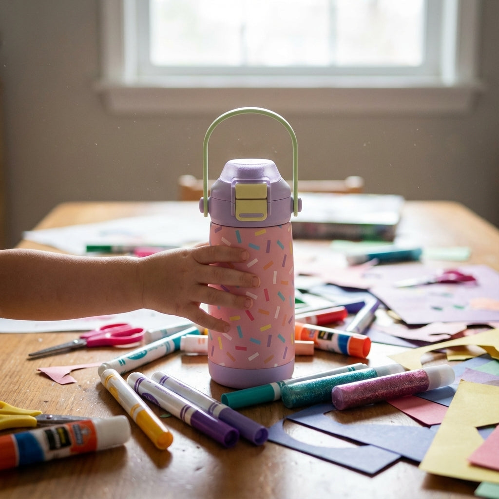 In-Use shot - Pink LAMOSE Goose 14oz kids water bottle with colorful pastel sprinkles pattern standing on a wooden picnic table with blurred party lights in background.