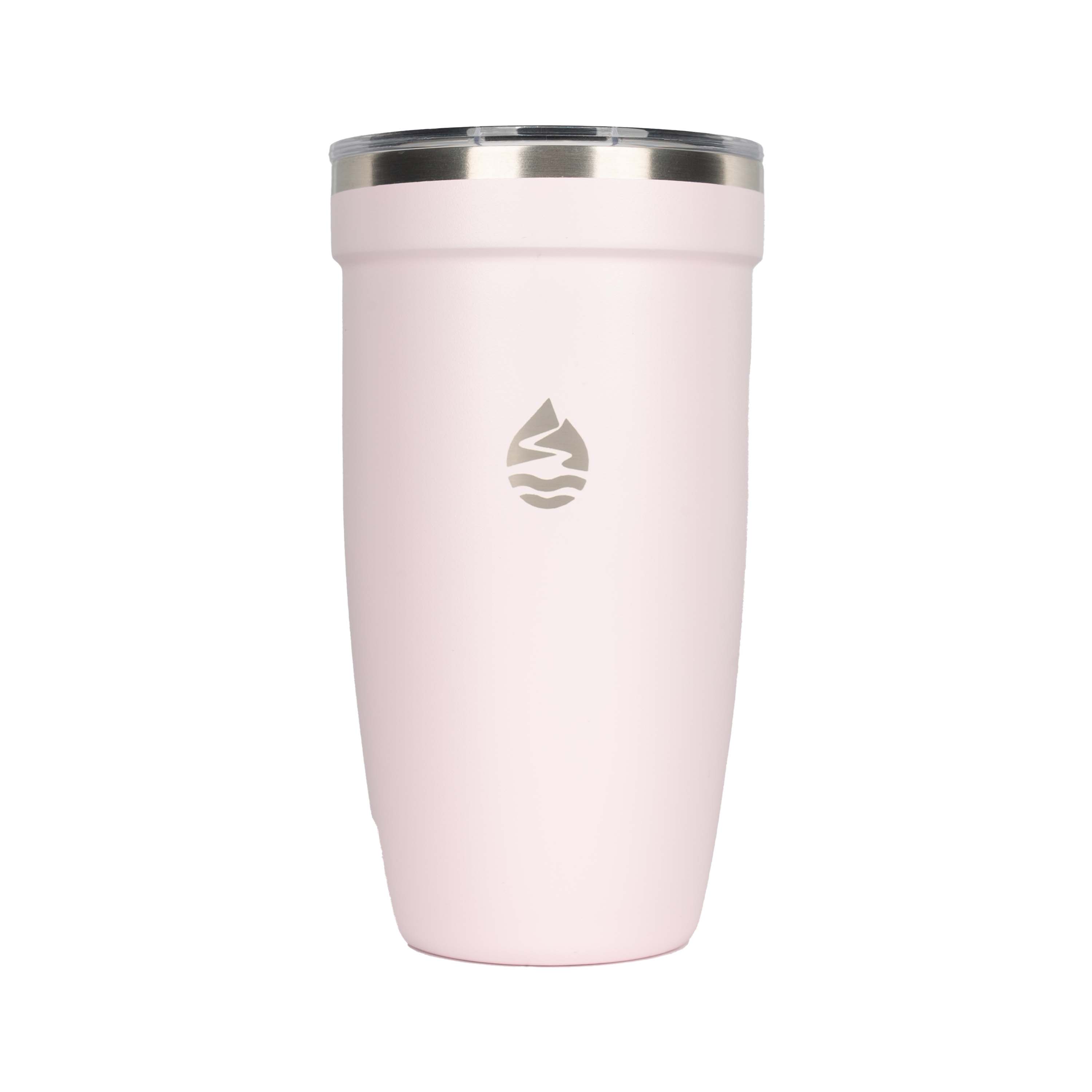 LAMOSE Peyto 16 oz baby pink insulated stainless steel tumbler, front view, with clear lid, stainless steel rim, and logo.