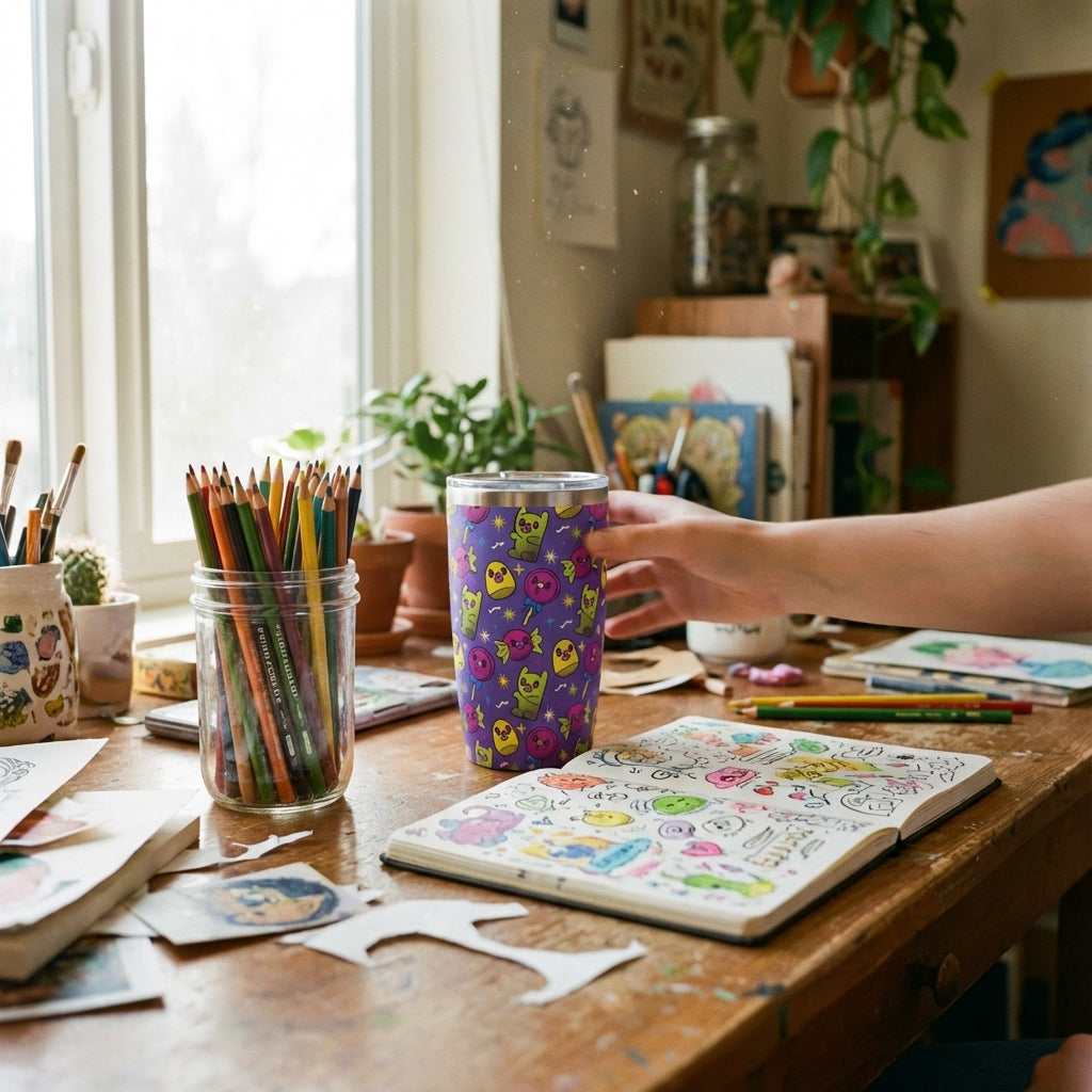 In-Use shot - LAMOSE Peyto 12oz insulated mug featuring a vibrant purple background with cartoon monsters, lime green accents, and pink and blue lollipops.