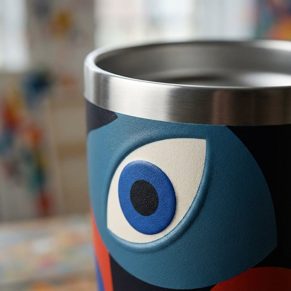 Detail shot - LAMOSE Peyto 16oz stainless steel travel cup featuring colorful abstract cubist face art in blue, orange, and red against a neutral background.