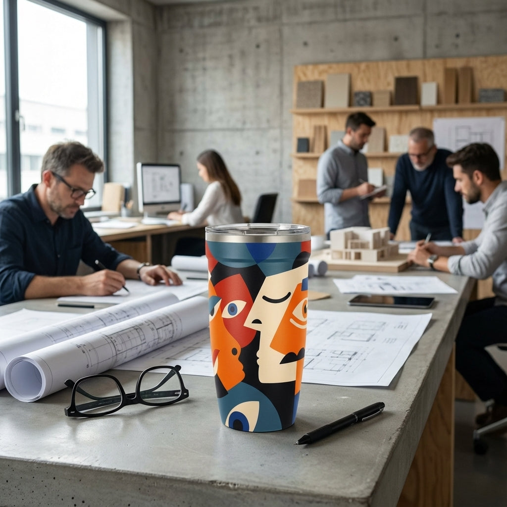 In-Use shot - LAMOSE Peyto 16oz stainless steel travel cup featuring colorful abstract cubist face art in blue, orange, and red against a neutral background.