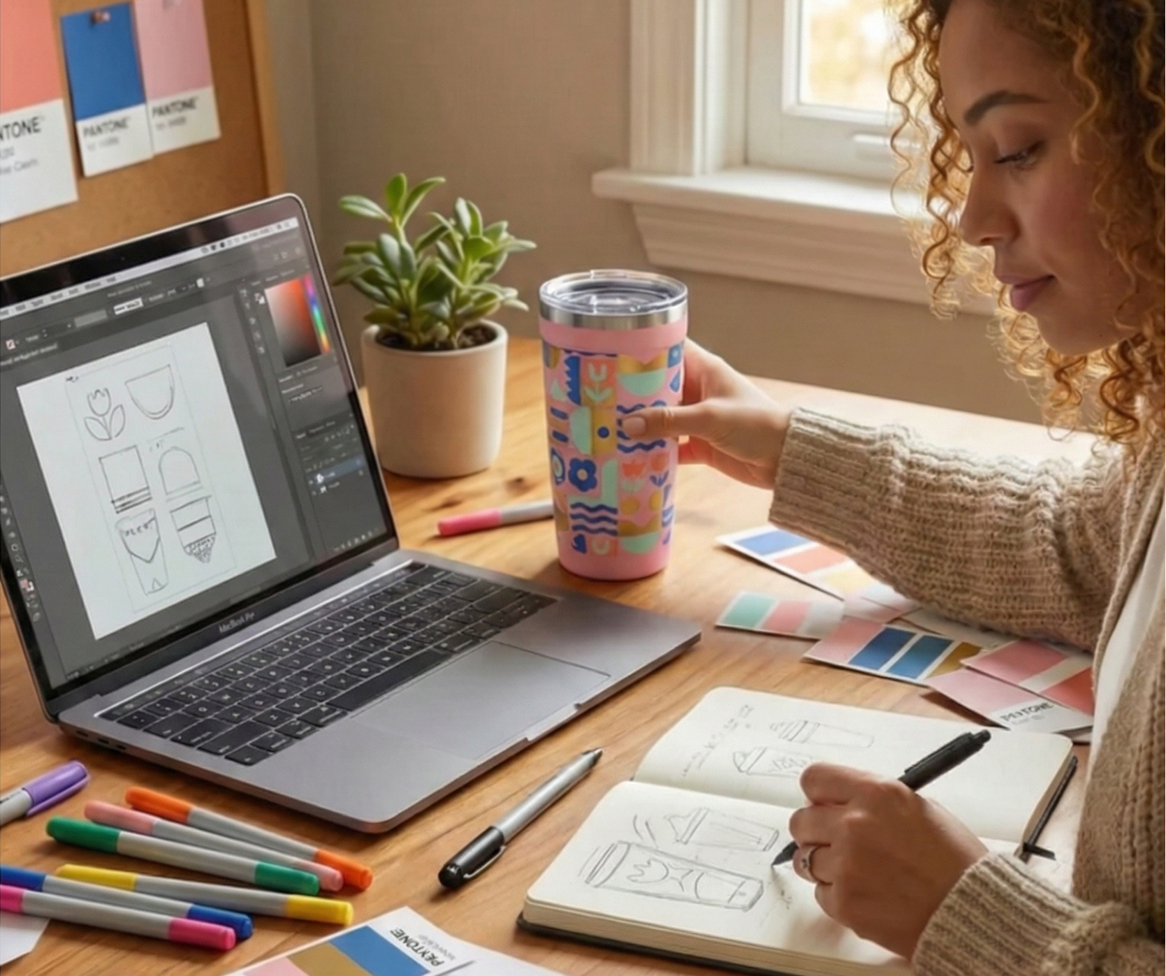 Peyto_16oz_Pink_Geometric_Floral_Travel_Cup_LAMOSE-usage