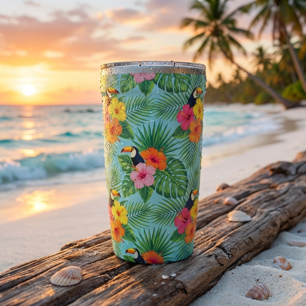 Lifestyle shot - Peyto 16oz insulated tumbler featuring a tropical pattern with toucans, palm leaves, and hibiscus flowers on a light blue background, placed on a sandy beach surface.