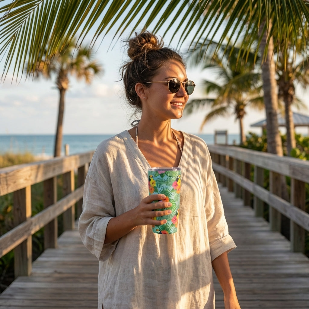 In-Use shot - Peyto 16oz insulated tumbler featuring a tropical pattern with toucans, palm leaves, and hibiscus flowers on a light blue background, placed on a sandy beach surface.