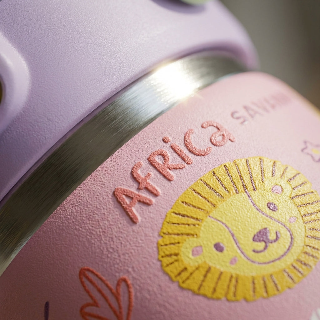 Detail shot - Pink stainless steel kids water bottle with cartoon safari animals including giraffe, zebra, and lion, featuring a purple lid and green handle.