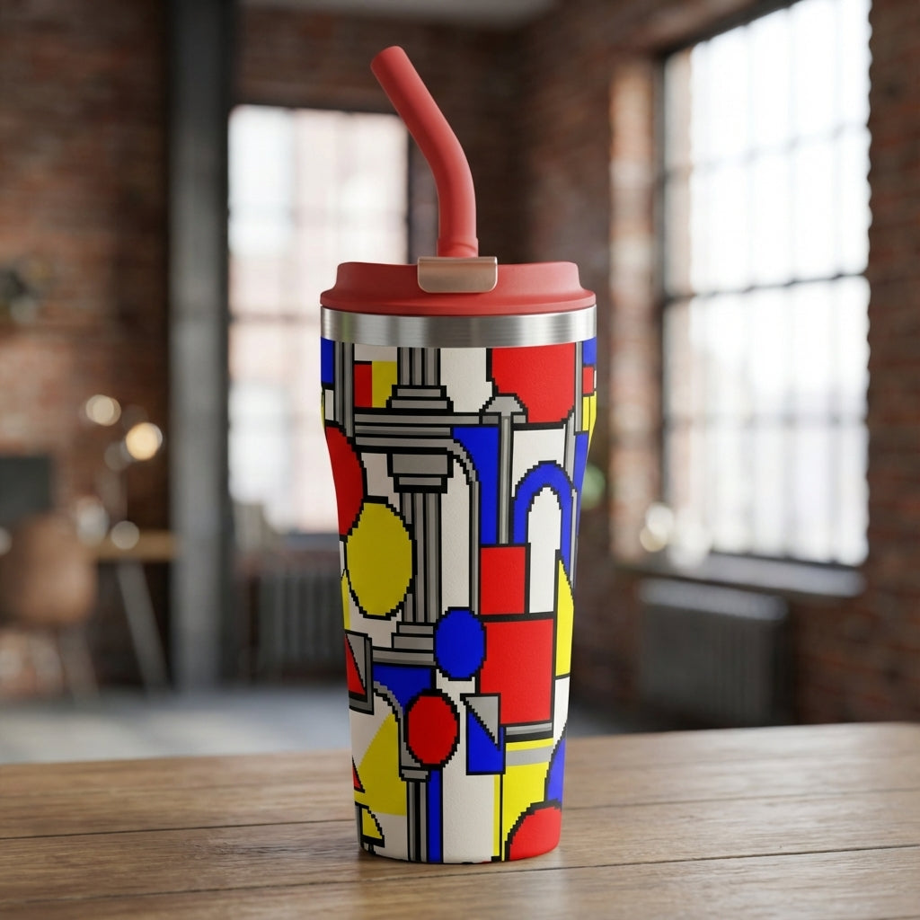 White 16 oz stainless steel tumbler featuring pixelated geometric shapes in red, blue, and yellow with a matching red straw on a modern desk.