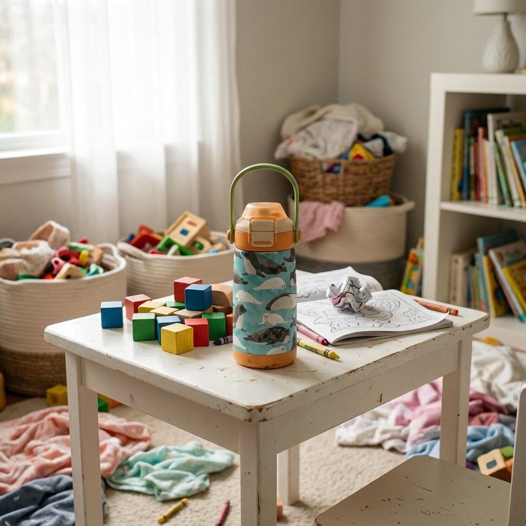 In-Use shot - LAMOSE Goose 14oz kids water bottle featuring a light blue body with a pattern of gray and white cartoon seals, orange bottom bumper, and green handle.