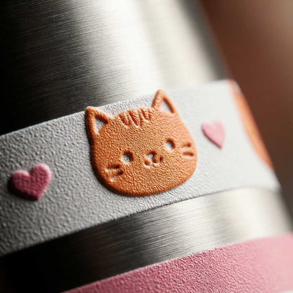 Detail shot - Pink and white striped kids water bottle featuring cartoon cat faces, hearts, and a light green handle.