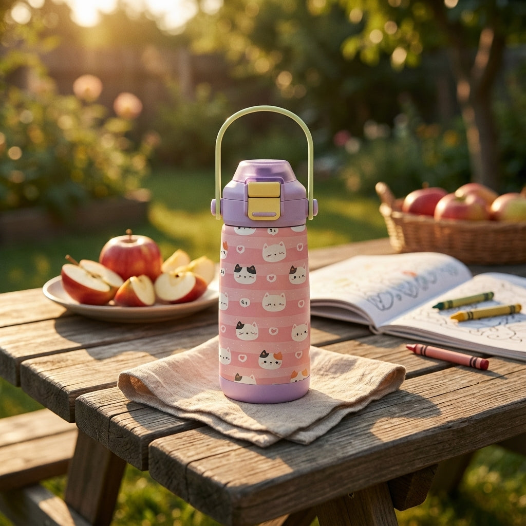 Lifestyle shot - Pink and white striped kids water bottle featuring cartoon cat faces, hearts, and a light green handle.