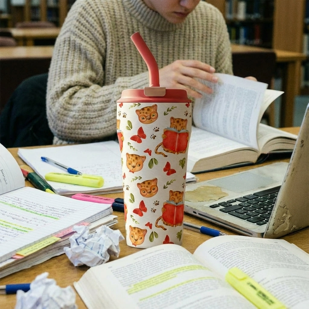 In-Use shot - Creamy white 16 oz insulated tumbler featuring illustrated leopard cubs reading books and wearing glasses, resting on a stack of hardcover books in a cozy library setting.